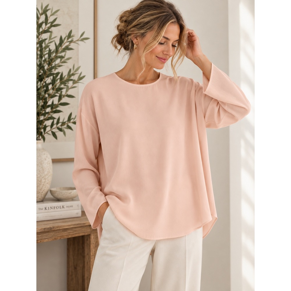Eileen Fisher Peach 100% Silk Georgette Boxy Top L Crew Neck Keyhole Back Blouse